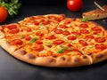 ]a large pan pizza topped with pepperoni, mozzarella and cheddar cheese