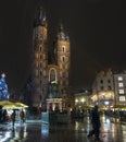 Large panaramic view of St. Mary`s Basilica by night at Christmas time, Krakow