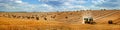 panorama of a field with bales of straw, a tractor with a baler harvesting straw Royalty Free Stock Photo