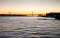 Large panoramic view of Amazing sunset on Ponte 25 de Abril Bridge, (25th of April Bridge) at Lisbon Royalty Free Stock Photo