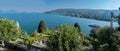 Large panoramic view of Lago Maggiore Lake from the one of Borromean islands - Isola Bella, Northern Ital Royalty Free Stock Photo