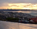 Large panoramic view  of  lebanese shore Kaslik Jounieh until Beirut in a far end in a golden light Royalty Free Stock Photo