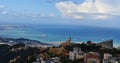 Large panoramic view  of  lebanese shore Kaslik Jounieh until Beirut in a far end in a golden light Royalty Free Stock Photo