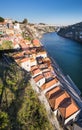 Large panoramic view on Porto sity and Ribeira district roofs from Dom Luis I Bridge at sunset time