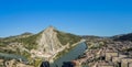 Large panoramic view of Sisteron on the Durance river, Rocher de la Baume opposite the old town. France