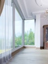 Large panoramic window overlooking the forest. Curtain and tulle