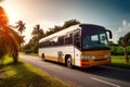 A large passenger bus on an asphalt road against the backdrop of nature. Generative ai