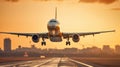 A large passenger jet takes off down an airport runway at sunset Royalty Free Stock Photo