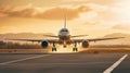 A large passenger jet takes off down an airport runway at sunset Royalty Free Stock Photo