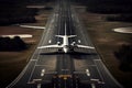 Drone shot of a modern airport runway with a large passenger jetliner