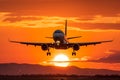 Large passenger jetliner taking off or landing on sunset. Generative AI