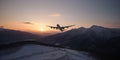 large passenger liner flying above the snowy Mountain range