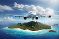 Large Passenger Plane Flies Over Paradise Tropical Island Royalty Free Stock Photo