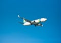 Large passenger plane flying in the blue sky