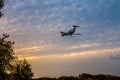 A large passenger plane goes on landing at sunset. shooting in the park against the background of autumn trees Royalty Free Stock Photo