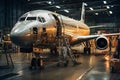 A large passenger plane in the hangar for repair