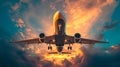 A large passenger plane stands up against the background.