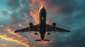 A large passenger plane stands up against the background of the sunset sky.