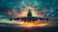 A large passenger plane stands up against the background of the sunset sky. Royalty Free Stock Photo