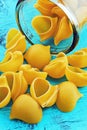 Large pasta shells in a glass jar on blue background