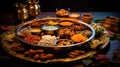 Large patterned plate with colorful snacks on wooden table Royalty Free Stock Photo