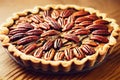 Large pecan pie tart with nuts in shortbread dough on table