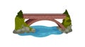 Large bridge over river. Green bushes and grass, stones and water. Landscape element. Flat vector design for map of city