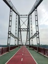 A large pedestrian bridge in perspective with bicycle lanes in the middle with cables and railings