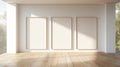 Minimalist Tonalist White Room With Three Blank Canvas Frames
