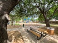 Large picnic table with trash can under mature oak tree shade, drinking water fountain near playground climbing structure