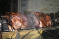 Large piece of beef rib roasted on the roller. Meat barbecue for many people. Roasted beef. Steak on the bone Royalty Free Stock Photo