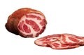 A large piece of cured meat and sliced thin slices of ham. Italian coppa, prosciutto, ham. Isolated on white background