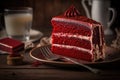 large piece of delicious festive red velvet cake on table