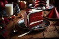 large piece of delicious festive red velvet cake on table