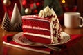 large piece of delicious festive red velvet cake on table