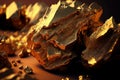 A large piece of gold surrounded by smaller pieces of gold on a orange surface. Created with Generative AI