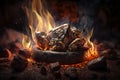 A large piece of grilled meat on a round stone with fire in the background.. Delicious dish. Artistic blur Royalty Free Stock Photo