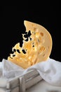 A large piece of hard maasdam cheese on a black background. Cheese with lots of holes. Dutch Maasdamer cheese in a white wooden Royalty Free Stock Photo