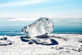 A large piece of ice on Lake Baikal. transparent blue ice.