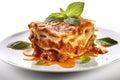 A large piece of juicy lasagna with a leaf of basil on a white plate. Generative AI