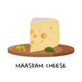 Large piece of Maasdam cheese on a wooden tray. Realictic vector illustration for meal design. Isolated on white