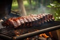 A large piece of meat is cooking on a grill. AI generative image