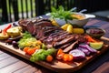 a large piece of meat with vegetables on a wooden board