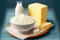large pieces of dairy product cheese and bowl of cottage cheese