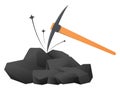 Large pile of black graphite coal and miners pickaxe. Coal mining. Natural resources. Hammer for pit stone digging. Hitting cavern Royalty Free Stock Photo