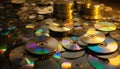 Large pile of CDs, DVDs, reflecting colorful light. Stacks of optical media visible, featuring shiny plastic surfaces, compact Royalty Free Stock Photo