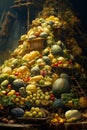 Large pile of different types of fruits and vegetables in crates. Generative AI