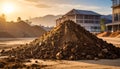 Large Pile of Dirt and Rocks with Construction Site and Mountains in Background at Sunset Royalty Free Stock Photo