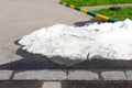 A large pile of dirty and white snow lies on the asphalt road Royalty Free Stock Photo