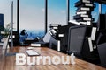 Large pile of document folders and stack of ring binders flooding modern office workplace with pc and skyline view; burnout